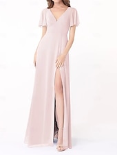 economico Abiti da damigella-Abito A-Line Damigella d&#039;Onore V Collo Manica Corta Elegante Lunghezza del Pavimento Chiffon con Fessura Frontale/Ruching