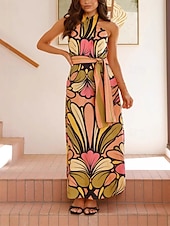abordables concevoir des robes en coton et lin-Femmes Robe Longue Maxi Robe Robes en coton et lin Robe Décontractée Mode Extérieur Soirée Fête Coupe régulière Fleur Sans manches Col Halter Vert Été