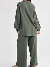 abordables Ensembles-Femmes Actif Mode Chemises en coton et lin Ensembles en coton et lin Chemisier manche longue Col de chemise Couleur Unie Dubbele Rij Knopen Fête Décontracté Quotidien Noir Ivoire Vin Été Coupe