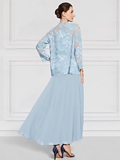baratos Com jaqueta-Vestido de mãe da noiva em renda floral queimada azul-celeste, duas peças, corte A, elegante, simples e minimalista, decote canoa, comprimento até o chão, chiffon, manga 3/4, com jaqueta 2025