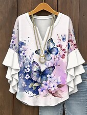 economico Top Floreali-Blusa da Donna con Maniche a Ruffle a Strati Grafica Floreale Farfalla Bohemia Vintage Tropicale Maniche a 3/4 Collo a V Maglietta Regolare Abbigliamento Estivo Primaverile per Vacanze Stampa Gialla