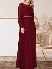 abordables Longueur du plancher-Robe A-Ligne pour Mère de la Mariée Invité de Mariage Élégante Col Arrondi Longueur Sol Chiffon Manches Longues avec Perles Ruché