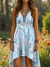 tanie Sukienki boho-Damskie Sukienka midi Sukienka A line Letnie sukienki Urlop Codzienny Wyjściowe Regularny Kwiaty Graficzny Bez rękawów W serek Rumiany róż Niebieski Zielony Lato Wiosna