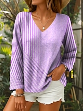 voordelige Dames Strepen &amp; Geometrische Tops-Dames Blouse Grafisch Geometrisch Gestreept Elegant Tropisch Dagelijks Lange mouw 3/4 mouw V-hals Normale tops Dagelijks Blozend Roze blauw Paars Groen Zomer Lente
