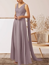 cheap Wedding Guest Dresses-A-Line Wedding Guest Dresses Elegant Dress Wedding Guest Engagement Floor Length Sleeveless V Neck Fall Wedding Guest Chiffon with Appliques