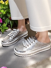 Недорогие Женские кроссовки-женские серебристые металлические кроссовки-слипоны с блестками, повседневная обувь на платформе для повседневной носки и свиданий