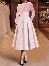 economico Abiti da cocktail-Abiti da cocktail A-line in paillettes elegante abito invitata a matrimonio lunghezza tè maniche lunghe scollo a gioiello in raso con pieghe abiti Derby 2025