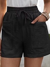 abordables Pantalon uni en coton et lin-Femmes Shorts Slacks Streetwear Occasionnel Court Naturel Uni Avec Poches Conception à cordon élastique Confortable Extérieur Sortir Abricot Jacinthe Noir Blanche Été Coupe régulière