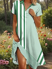 tanie Sukienka w paski i geometryczna-Damskie Sukienka midi Sukienka A line Letnie sukienki Urlop Codzienny Styl plażowy Randka Letnia sukienka Regularny Graficzny Prążki Krótki rękaw Klapa Jasnobrązowy Niebieski Zielony Lato