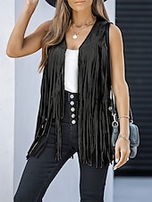 abordables chaquetas casuales-Mujer Chaqueta casual Chaleco Transpirable Cómodo Borlas Casual Plano Vacaciones Calle Casual Ropa Cotidiana Frente Abierto Regular Escote en Pico Ajuste regular Sin Mangas Ropa de calle Negro Rosa