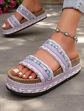 preiswerte Rutschsandalen-Damen-Sandalen im Boho-Stil in Blau mit Webmuster – Plateau-Slipper im Ethno-Stil für Strandurlaube und lässige Sommeroutfits