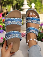 preiswerte Rutschsandalen-Damen-Sandalen im Boho-Stil in Blau mit Webmuster – Plateau-Slipper im Ethno-Stil für Strandurlaube und lässige Sommeroutfits