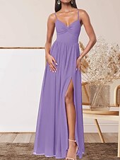 abordables Robes de demoiselle d&#039;honneur-Robe de demoiselle d&#039;honneur trapèze, col en V, sans manches, élégante, longueur au sol, en mousseline extensible avec plis / devant fendu / froncé 2025