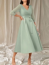 cheap Tea Length-A-Line Mother of the Bride Dress Wedding Guest Elegant Sweet V Neck Tea Length Satin Half Sleeve with Sash / Ribbon Beading Ruching 2025