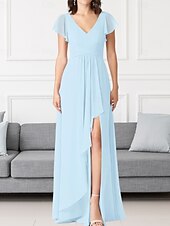 economico Abiti da damigella-Abito da damigella a trapezio, scollo a V, maniche lunghe, elegante, strascico a ruota in chiffon con pieghe e volant 2025