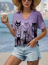 abordables T-shirt Animaux-Femmes T-shirt Graphique Animal Chat ancien Élégant Classique Manche Courte Col en V Hauts Réguliers Quotidien Imprimé Rose poussiéreuse Marron clair Bleu Violet Vert Été Printemps