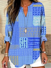 preiswerte Blumenoberteile-Damen Bluse Blumen Grafik Elegant Stilvoll Langarm V Ausschnitt Normale Oberteile Täglich Ferien Druck Blau Grün Sommer Frühling