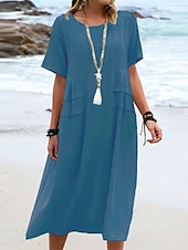 preiswerte Kleider aus Baumwolle und Leinen entwerfen-Damen Midikleid Baumwoll-Leinen-Kleider Freizeitkleid Sommerkleid Klassisch Modern Täglich Wochenende Normale Passform Einfach Kurzarm Rundhalsausschnitt Schwarz Gelb Rosa Königsblau Sommer