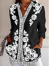 economico Top da Vacanza per Donne-Camicia da donna a maniche lunghe bottone giù blusa floreale grafica geometrica casual colletto regolare top da lavoro quotidiano vacanze bottoni stampa denim blu nero arancione azzurro estate