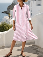 abordables Robe Rayée et Géométrique-Femmes Robe Midi Robe fourreau Occasionnel Date Coupe régulière Graphique Rayé manche longue Col de chemise Rose Claire Bleu Violet Vert Été Automne