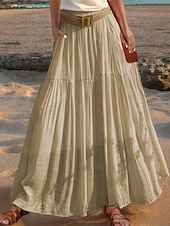 abordables concevoir des robes en coton et lin-Femmes Taille Asiatique Évasé Jupes en lin Occasionnel Été Midi Taille haute Jupes Couleur Unie Froncé Plissé Avec Poches Élastique Vacances Quotidien Vin Rouge pastèque Moutarde verte couleur orange