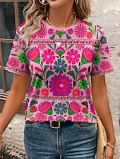 billige Blomster t-skjorte-Dame T skjorte Blomstret Grafisk Planter Årgang Stilfull Klassisk Kortermet Crew-hals Vanlige topper Daglig Helg Trykt mønster Blå Lilla Oransje Grønn Sommer
