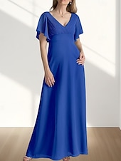 preiswerte Bodenlänge-A-Linie Brautmutterkleid Hochzeitsgast Elegant Süß V Ausschnitt Bodenlang Chiffon Kurzarm mit Raffung 2025