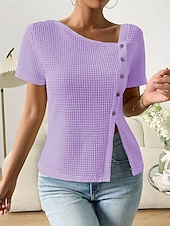 voordelige Witte t-shirt-Dames Overhemd Effen Basic Casual Korte mouw Assymmetrisch V-hals Normale tops Dagelijks Knop Asymmetrisch Wit Rood Paars Zomer