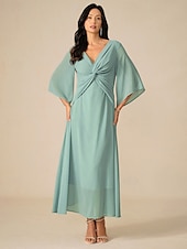 ieftine Rochii Party-rochie de cocktail pentru invitați la nuntă pentru femei șifon uni cu volane răsucite elegantă rochie maxi de vară cu decolteu în V mânecă evazată lungime 3/4