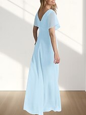 preiswerte Bodenlänge-A-Linie Brautmutterkleid Hochzeitsgast Elegant Süß V Ausschnitt Bodenlang Chiffon Kurzarm mit Raffung 2025