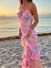 billiga Eleganta blommiga klänningar-Dam Långklänning Maxiklänning Vardagsklänning Blommig klänning Mode Elegant klänning Utomhus Fest Helgdag Normal Färggradient Ärmlös V-hals Rodnande Rosa Sommar
