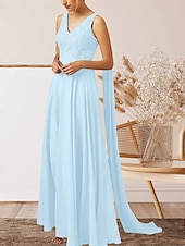 cheap Wedding Guest Dresses-A-Line Wedding Guest Dresses Elegant Dress Wedding Guest Engagement Floor Length Sleeveless V Neck Fall Wedding Guest Chiffon with Appliques