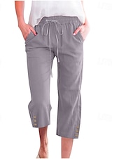 baratos Calça de linho de algodão simples-Mulheres Calças de linho de algodão Calças Capri Calças Moda Roupa de rua Comprimento da panturrilha Natural Tecido Bolsos Design de cordão elástico Confortável Exterior Rua Para Noite clarete Azul