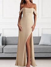 economico Abiti da damigella-Abito da Damigella A-Line Collo a V Manica Lunga Elegante Treno di Spazzata  Strascico Chiffon con Pieghe  Volant