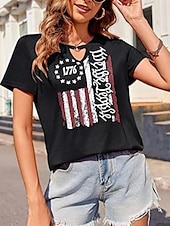 voordelige Onafhankelijkheidsdag Top-Vrouwen Blouse Vlag Stijlvol Casual Korte Mouw Crewneck Regelmatige Tops Dagelijks Print Zwart Rood Marineblauw Zomer