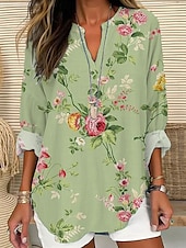 preiswerte Blumenoberteile-Damenbluse Langarm Tunika Tops Floral Graphic Elegant Stylisch V-Ausschnitt Reguläre Tops Tägliche Urlaub Druck Blau Grün Sommer Frühling