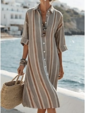 cheap Stripe&amp;Geometric Dress-Women&#039;s Midi Dress T Shirt Dress Tee Dress Vacation Birthday Casual Outdoor Going out Beach Loose Fit Graphic Stripe Long Sleeve Turndown Khaki Summer Spring