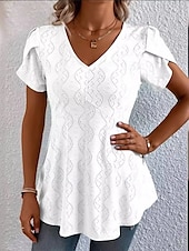 cheap Plain Tops-Women&#039;s Blouse Solid Color Stylish Basic Casual Short Sleeve V Neck Regular Tops Daily Lace Patchwork Black White Pink Blue Purple Summer