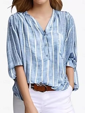 voordelige Dames Strepen &amp; Geometrische Tops-Dames Overhemd Gestreept Stijlvol Casual Lange mouw V-hals Normale tops Dagelijks Afdrukken Wit blauw Grijs Licht Blauw Zomer Lente