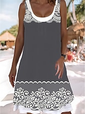 preiswerte Ausgefallene Kleider-Damen Midikleid Trägerkleid Mode Klassisch Outdoor Täglich Wochenende Normale Passform Grafik Geometrisch Ärmellos Rundhalsausschnitt Hellgrau Sommer Frühling Herbst
