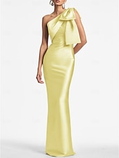 preiswerte SCHWARZ-Meerjungfrau Abendkleid Elegantes Kleid Formeller Hochzeitsgast Knöchellang Ärmellos Eine Schulter Satin mit Schleife(n) Schlitz Maskeradenkleid 2025