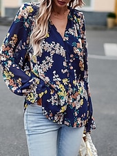 billige Boho topper-Dame Boho skjorte Bluse Blomsternål i krystall Moderne Bohem Langermet V-hals Vanlige topper Daglig Ut på byen Trykt mønster Svart Navyblå Blå Aprikos Sommer