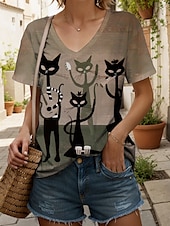 abordables T-shirt Animaux-Femmes T-shirt Graphique Animal Chat ancien Élégant Classique Manche Courte Col en V Hauts Réguliers Quotidien Imprimé Rose poussiéreuse Marron clair Bleu Violet Vert Été Printemps