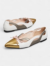 abordables Années 1950-Ballerines vintage à bout pointu pour femme des années 1950 – bout renforcé doré métallisé, détail nœud rose, design découpé élégant, ballerines rétro chic pour le bureau et les fêtes