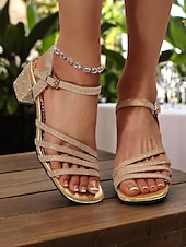 cheap Nightlife Party-Women&#039;s Gold Strappy Block Heel Sandals - Rhinestone Ankle Strap Open Toe Heels for Nightlife Parties and Evening Glam Looks