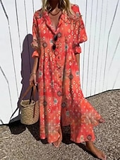 ieftine Rochii cu dungi și geometrice-Pentru femei Rochie Maxi Rochie A line Casual În aer liber Ieșire Fit regulat Floral Manșon Lung În V Alb Albastru piscină Portocaliu Trifoi Vară Primăvară