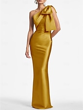 preiswerte SCHWARZ-Meerjungfrau Abendkleid Elegantes Kleid Formeller Hochzeitsgast Knöchellang Ärmellos Eine Schulter Satin mit Schleife(n) Schlitz Maskeradenkleid 2025