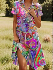 preiswerte Blumenkleid-Damen Midikleid A Linie Kleid Sommerkleid Urlaub Lässig Strand Date Sommerkleid Normale Passform Blumen Grafik Kurzarm Revers Rosa Rote Blau Fuchsie Sommer
