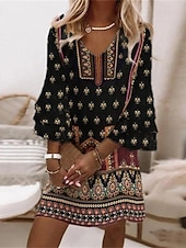 billiga Bohemklänningar-Dam Mini klänning Vardagsklänning Sommarklänning Boho-klänning Mode Utomhus Fest Helgdag Normal Blomma Långärmad V-hals Svart Sommar Vår