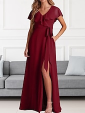 cheap Bridesmaid Dresses-A-Line Bridesmaid Dress V Neck Short Sleeve Elegant Floor Length Chiffon with Sash / Ribbon / Ruffles / Split Front